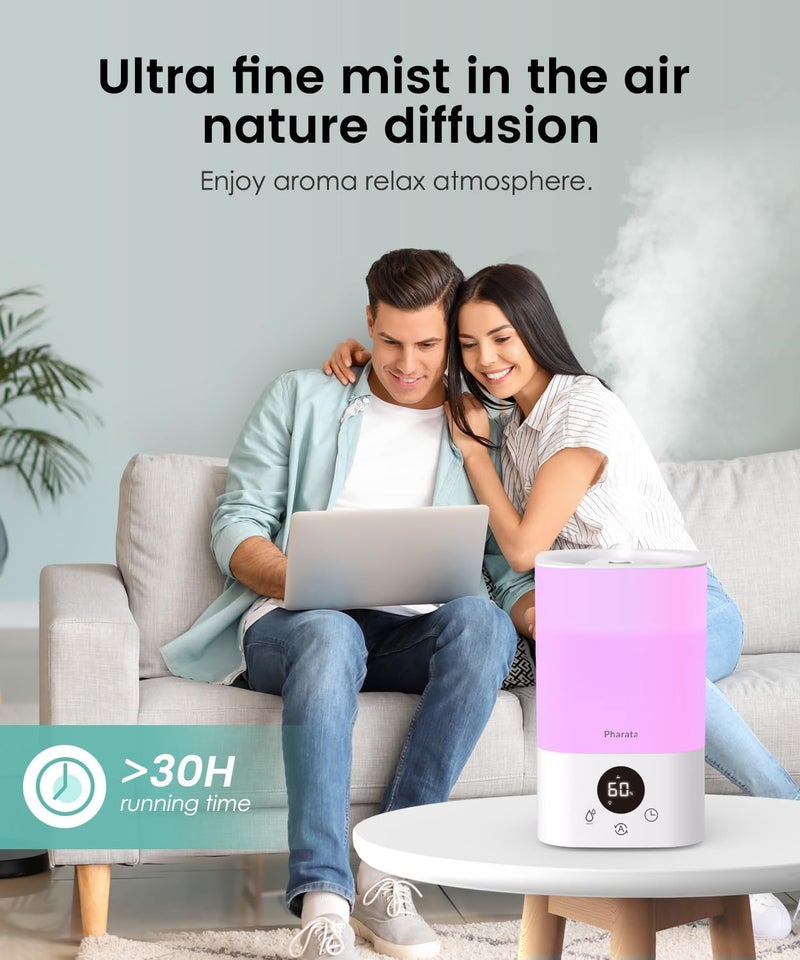 Pharata Smart Humidifiers for Bedroom Large Room, 3.5L Top Fill Cool Mist Air Humidifiers for Home Baby Plants Nursery, Humidity Control & Night Light, White - Image 4